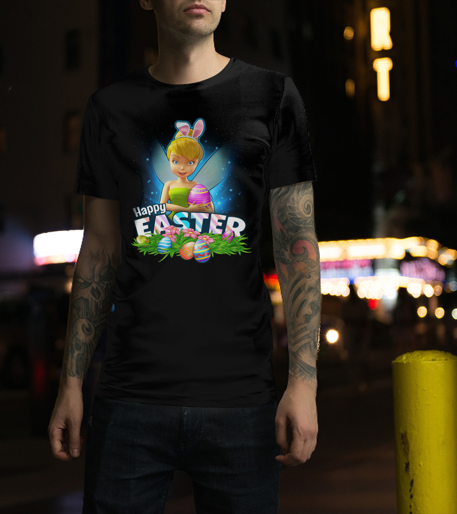 Tinker Bell Happy Easter With Colorful Eggs And Bunny Ears T-Shirt
