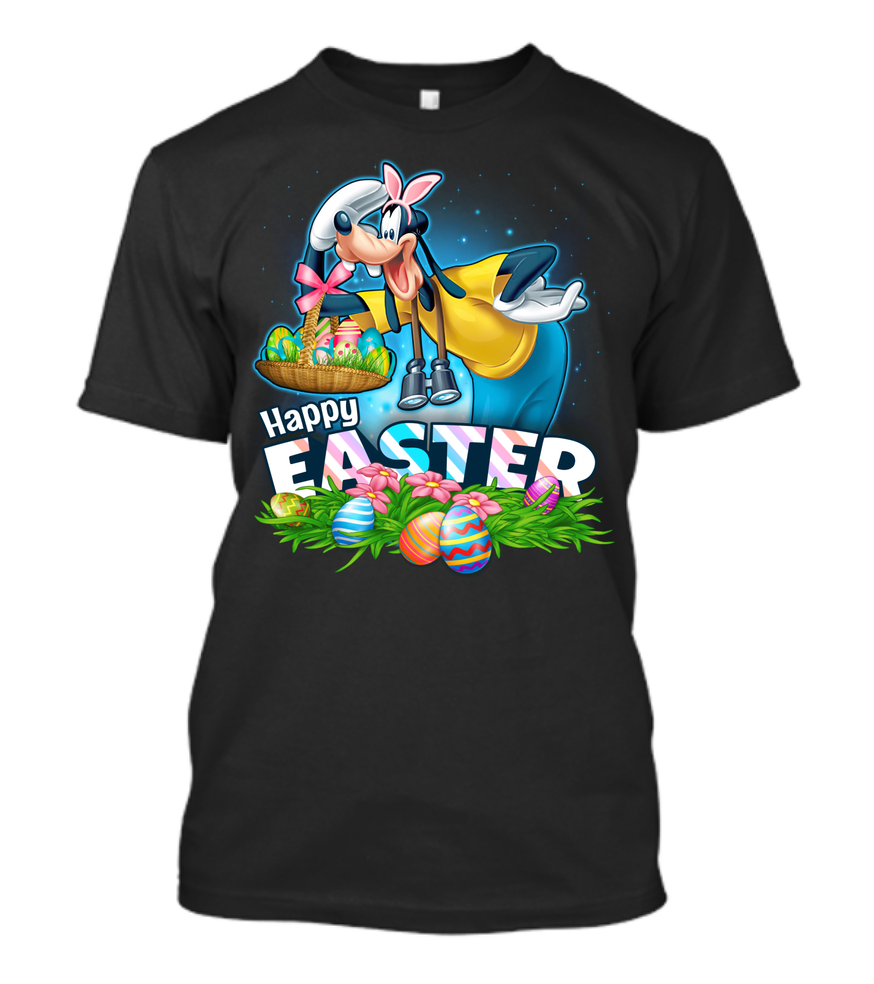 Goofy Holding Easter Basket With Happy Easter Eggs And Flowers T-Shirt
