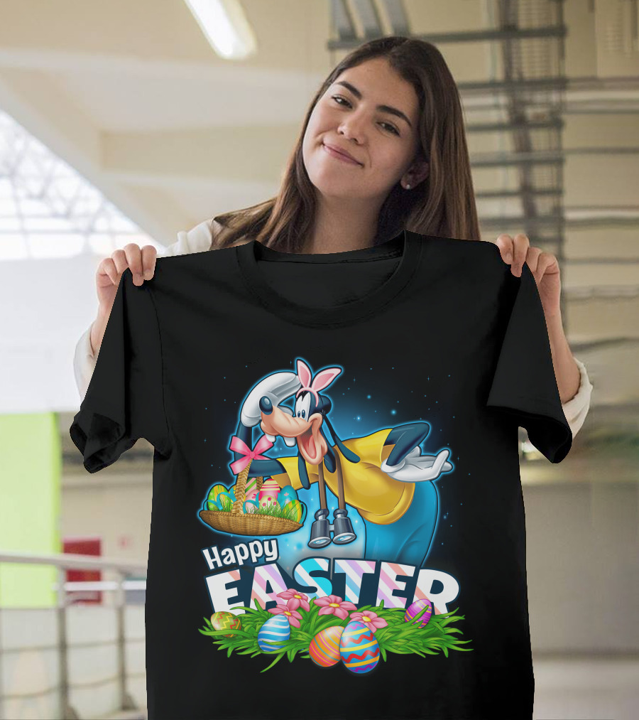 Goofy Holding Easter Basket With Happy Easter Eggs And Flowers T-Shirt