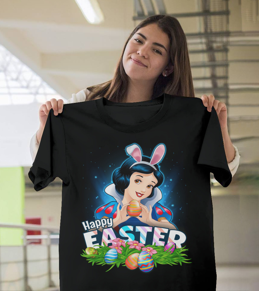 Snow White Happy Easter Bunny Ears Colorful Eggs Spring Celebration T-Shirt