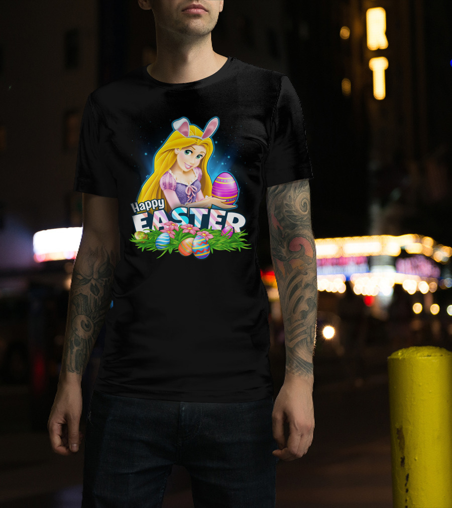 Happy Easter Rapunzel Bunny Ears With Colorful Eggs And Flowers T-Shirt