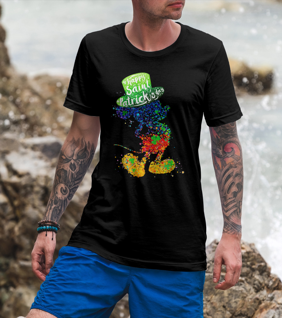 Happy Saint Patrick's Day Mickey Mouse Colorful Splatter Art T-Shirt