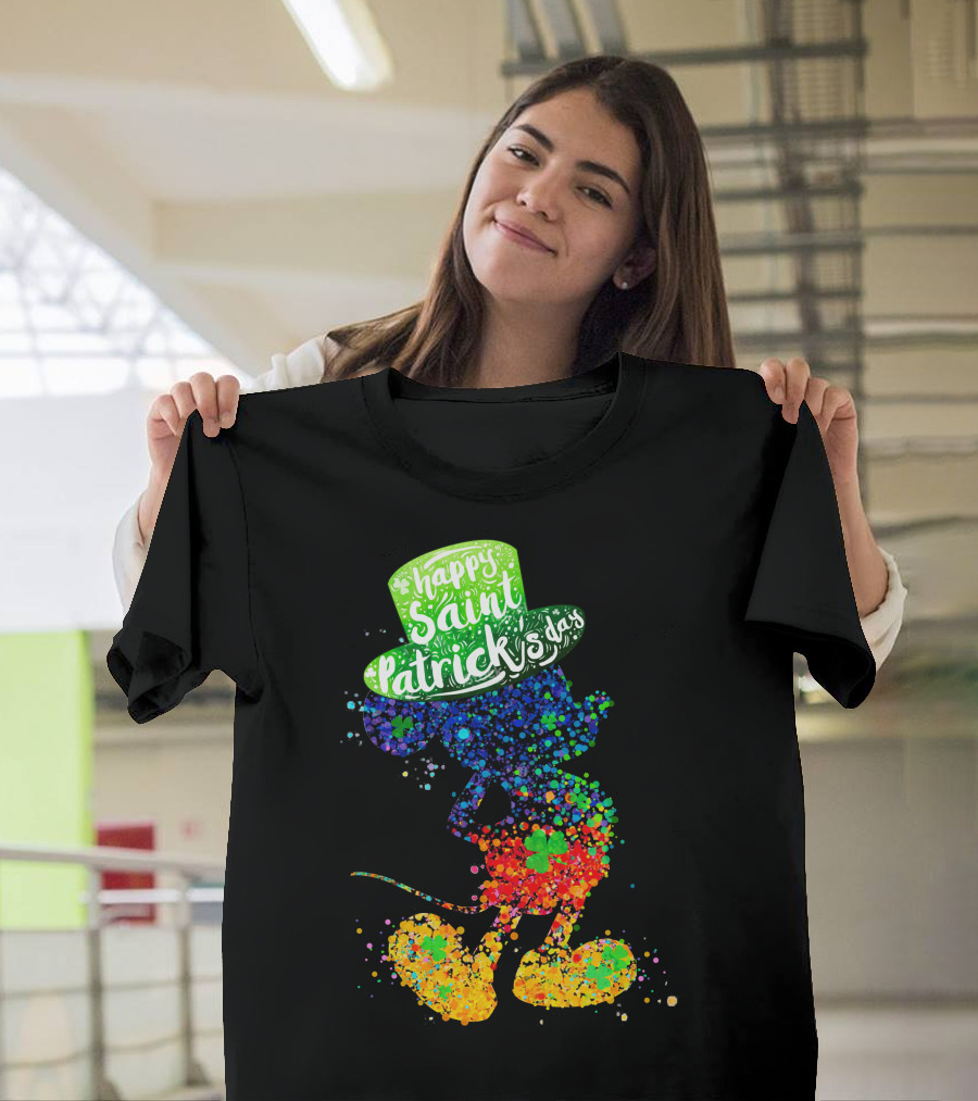 Happy Saint Patrick's Day Mickey Mouse Colorful Splatter Art T-Shirt
