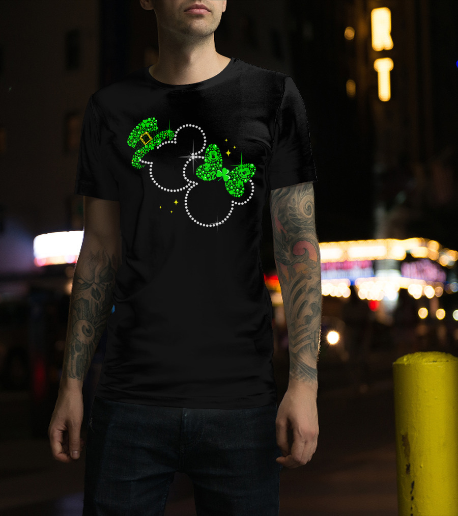 Mickey Minnie St. Patrick's Day Sparkling Green Hat And Bow T-Shirt