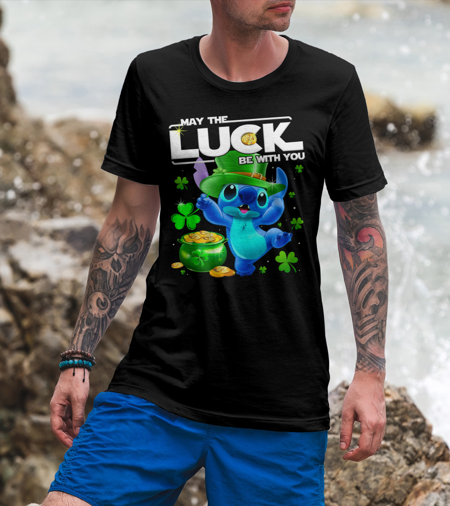 Stitch May The Luck Be With You Featuring Green Hat And Shamrocks T-Shirt