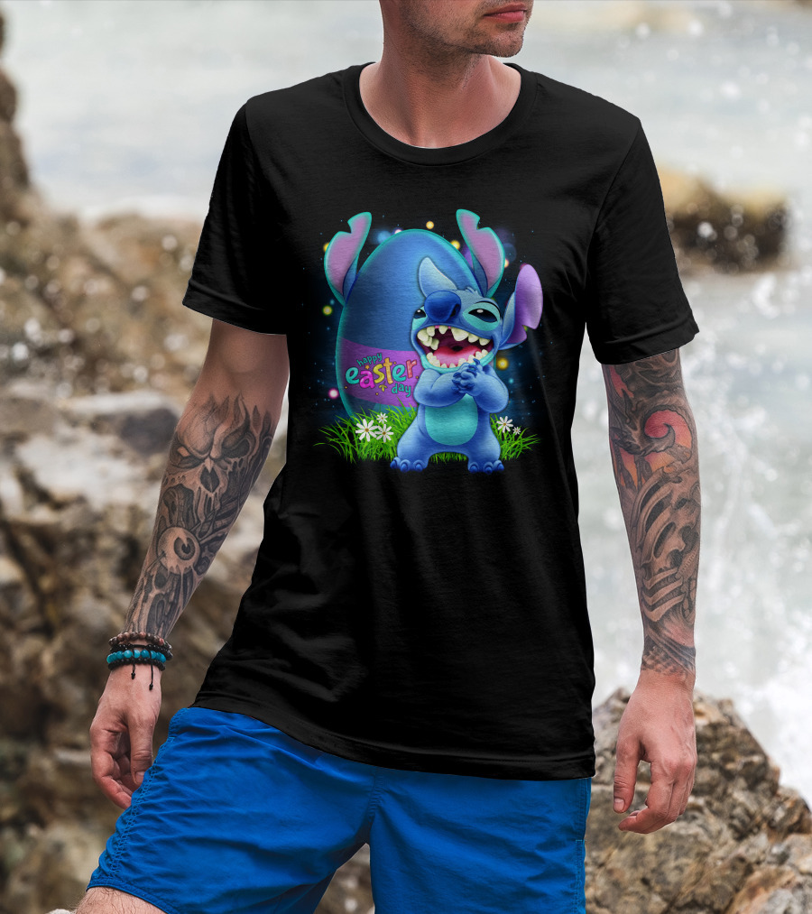 Happy Easter Day Stitch With Easter Egg And Flowers T-Shirt