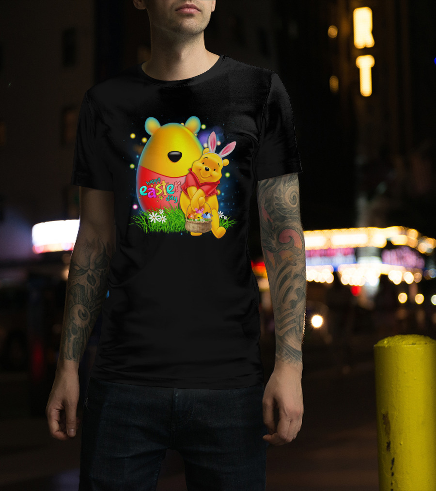 Happy Easter Day Pooh With Basket And Bunny Ears T-Shirt
