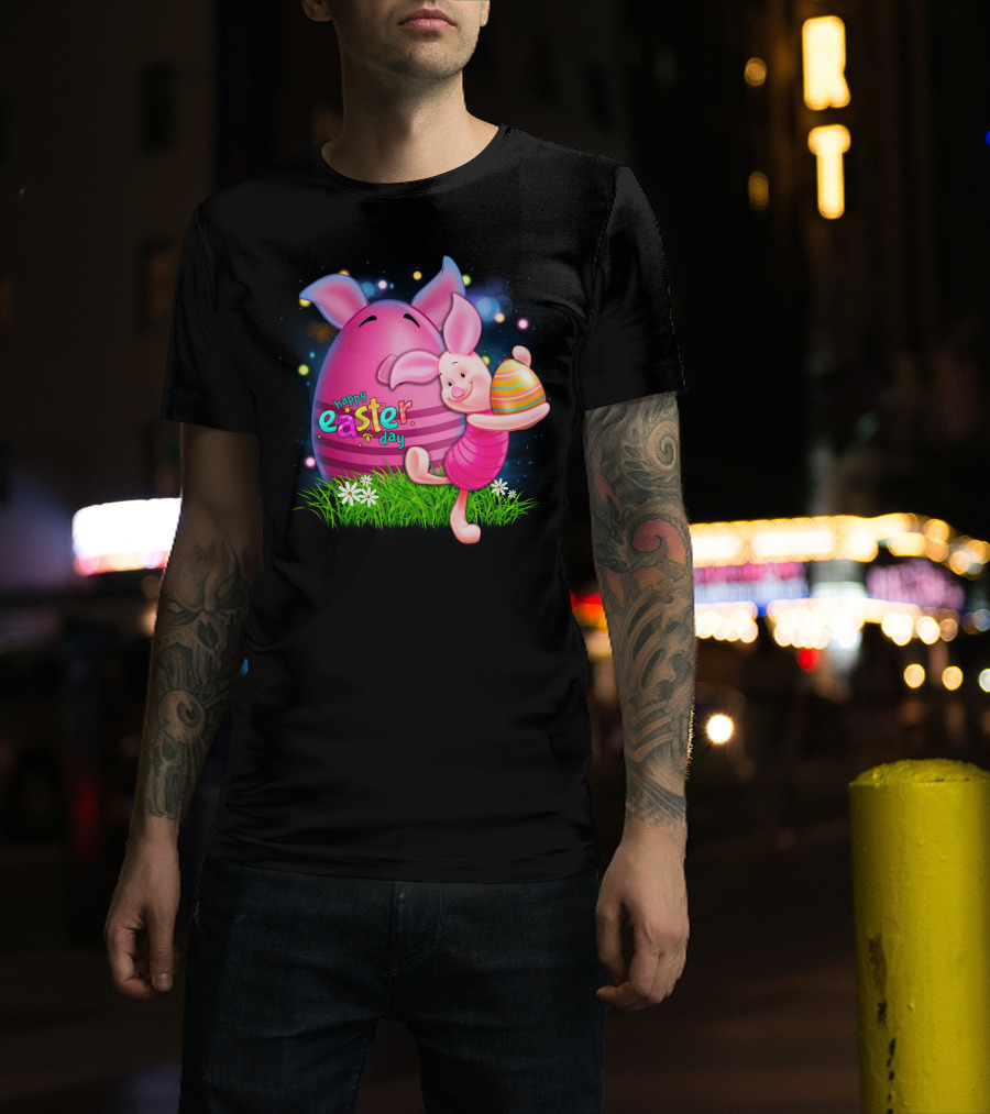 Happy Easter Day Piglet With Colorful Eggs T-Shirt