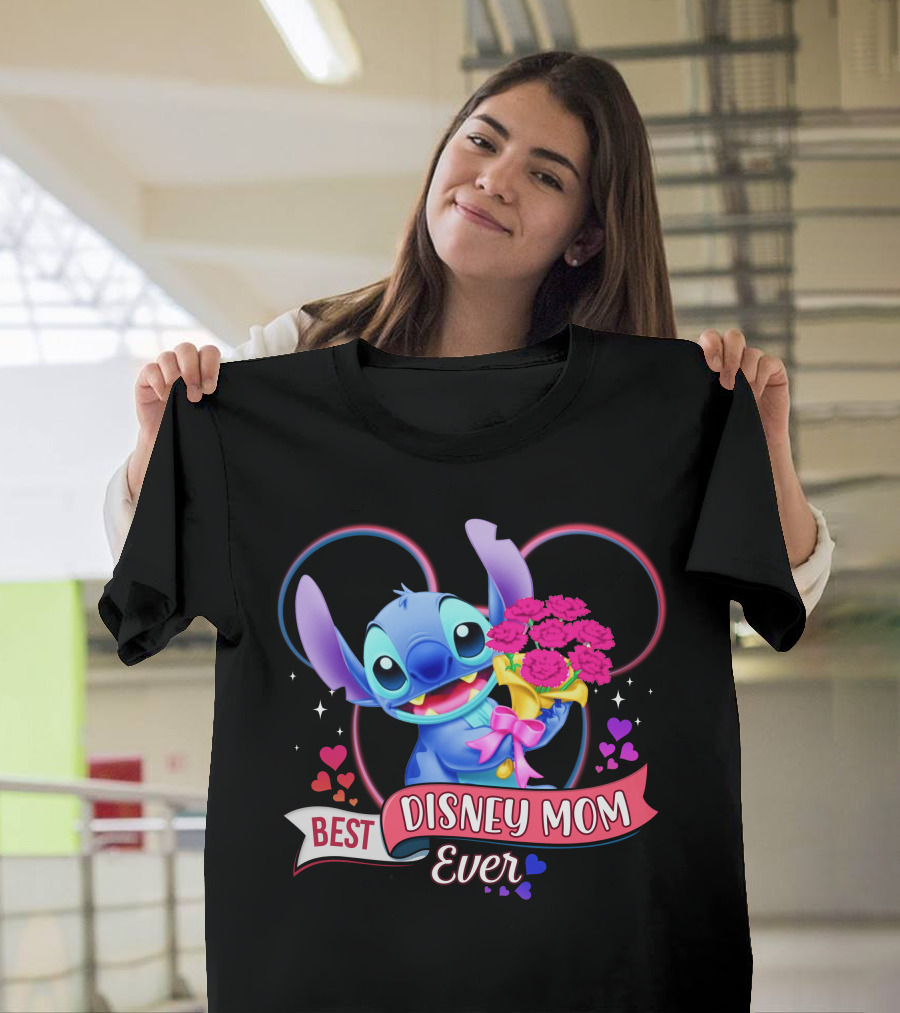 Best Disney Mom Ever Stitch With Flowers And Hearts T-Shirt