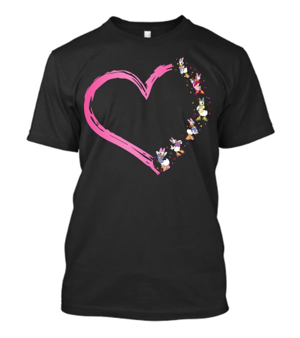 Daisy Duck Heart Shape With Pink Outline And Floral Elements T-Shirt