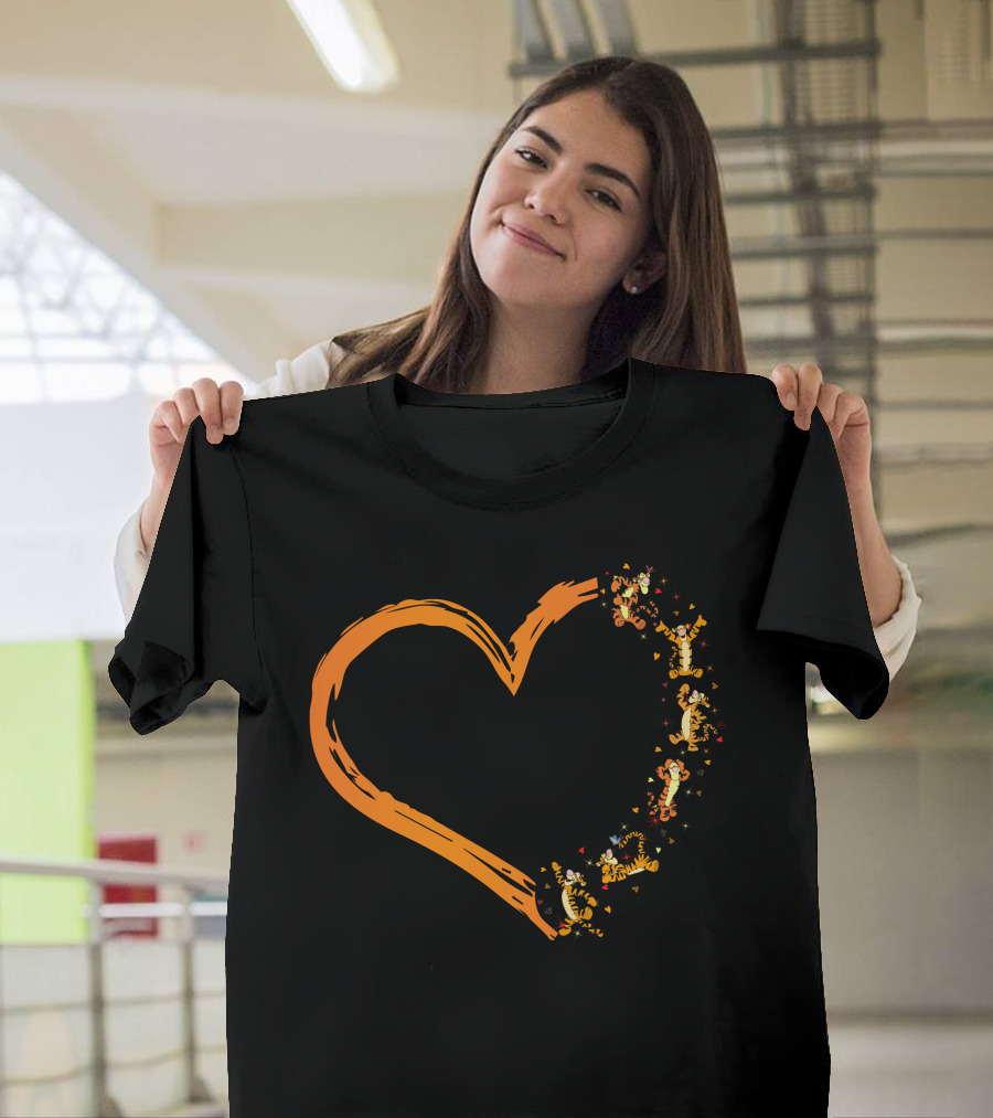 Tigger Heart Orange Brushstroke With Dancing Tiggers And Stars T-Shirt