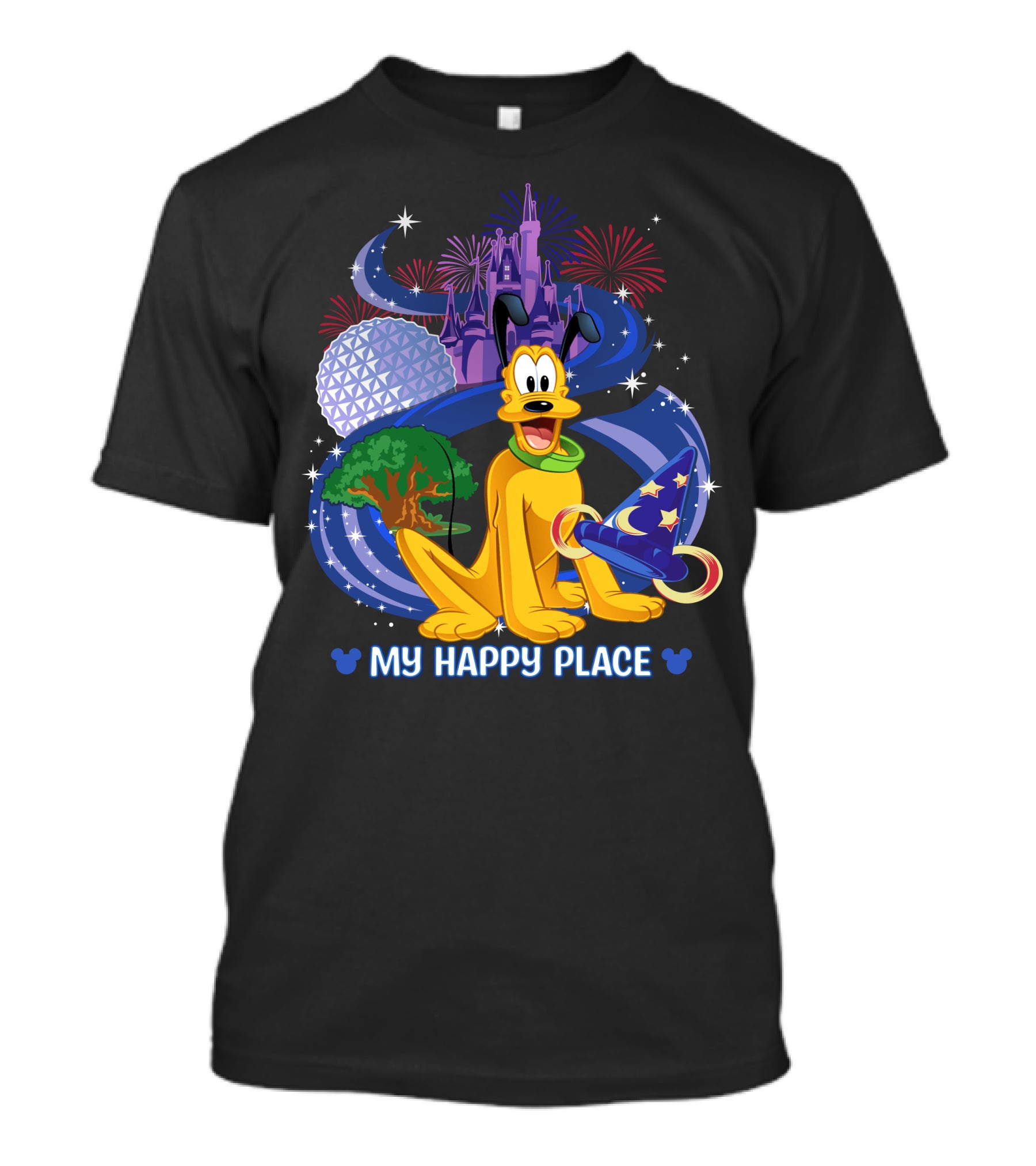 Disney Pluto My Happy Place Disney Castle Fireworks Epcot Disney Mickey Sorcerer Hat T-Shirt