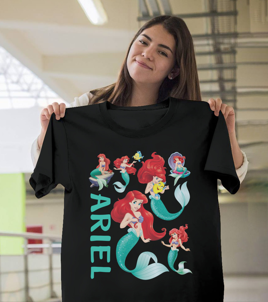 Ariel Mermaid Adventures With Flounder And Shell In Blue Teal Letters T-Shirt