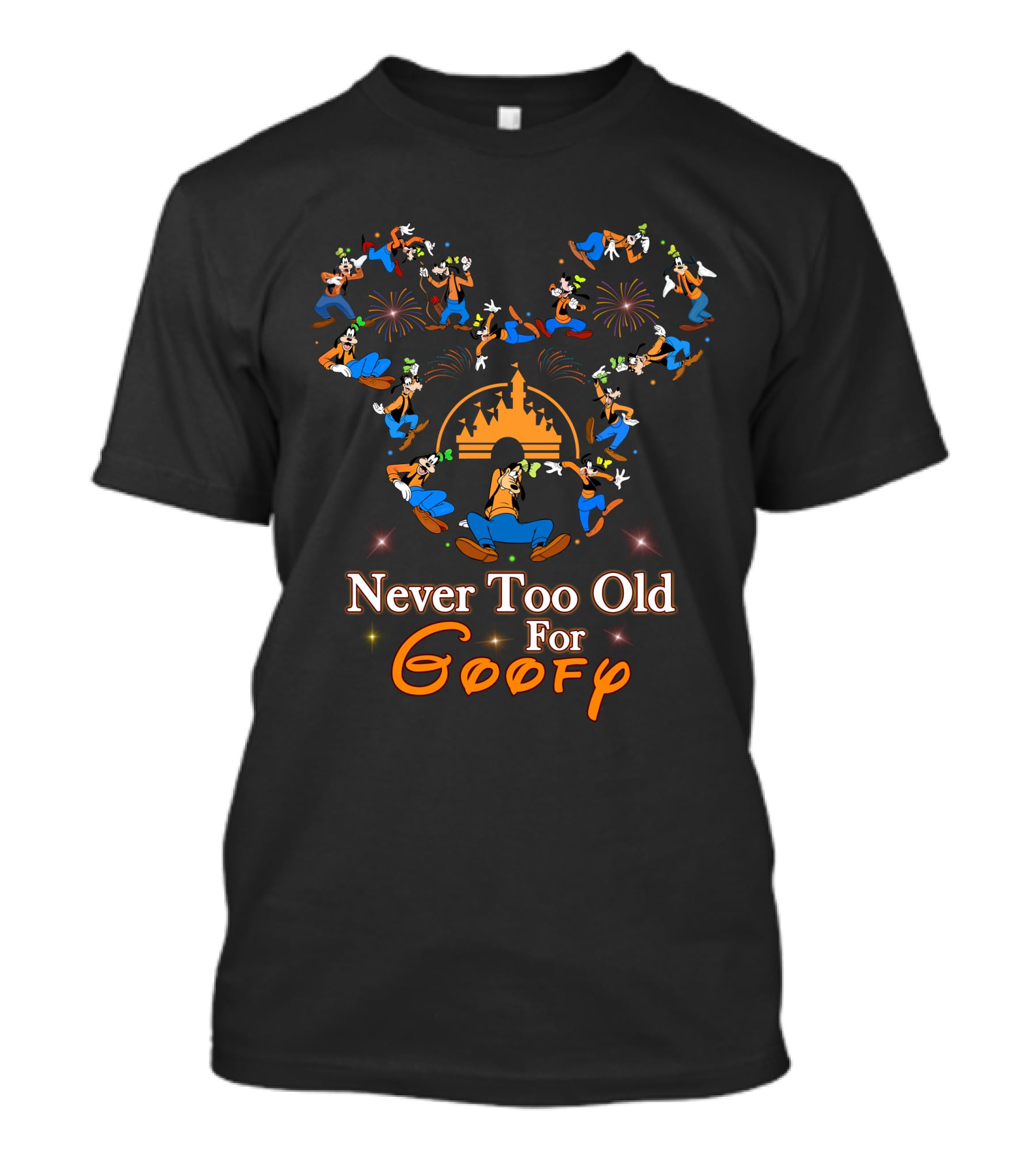 Never Too Old For Goofy Disney Castle Fireworks T-Shirt
