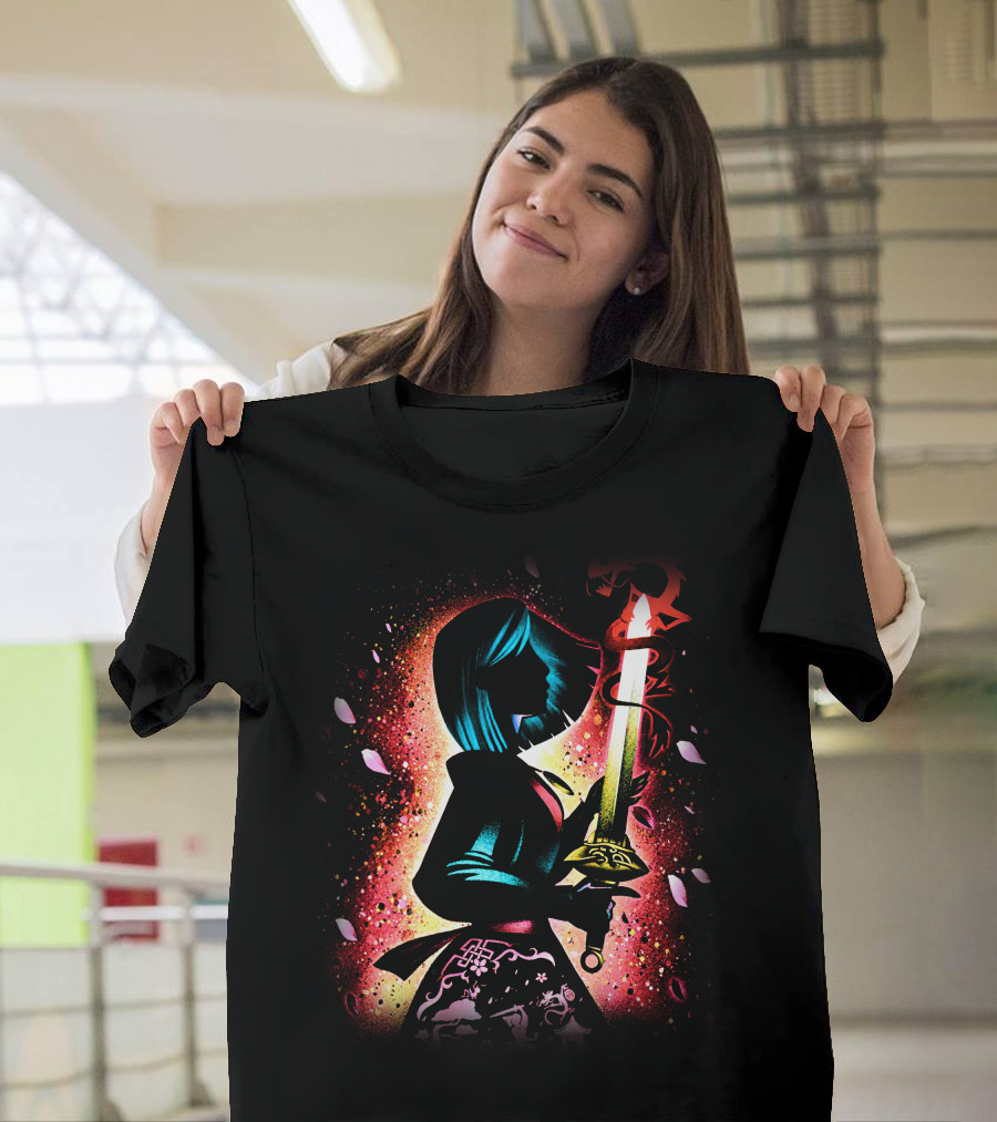 Mulan Silhouette With Sword And Floral Motif T-Shirt