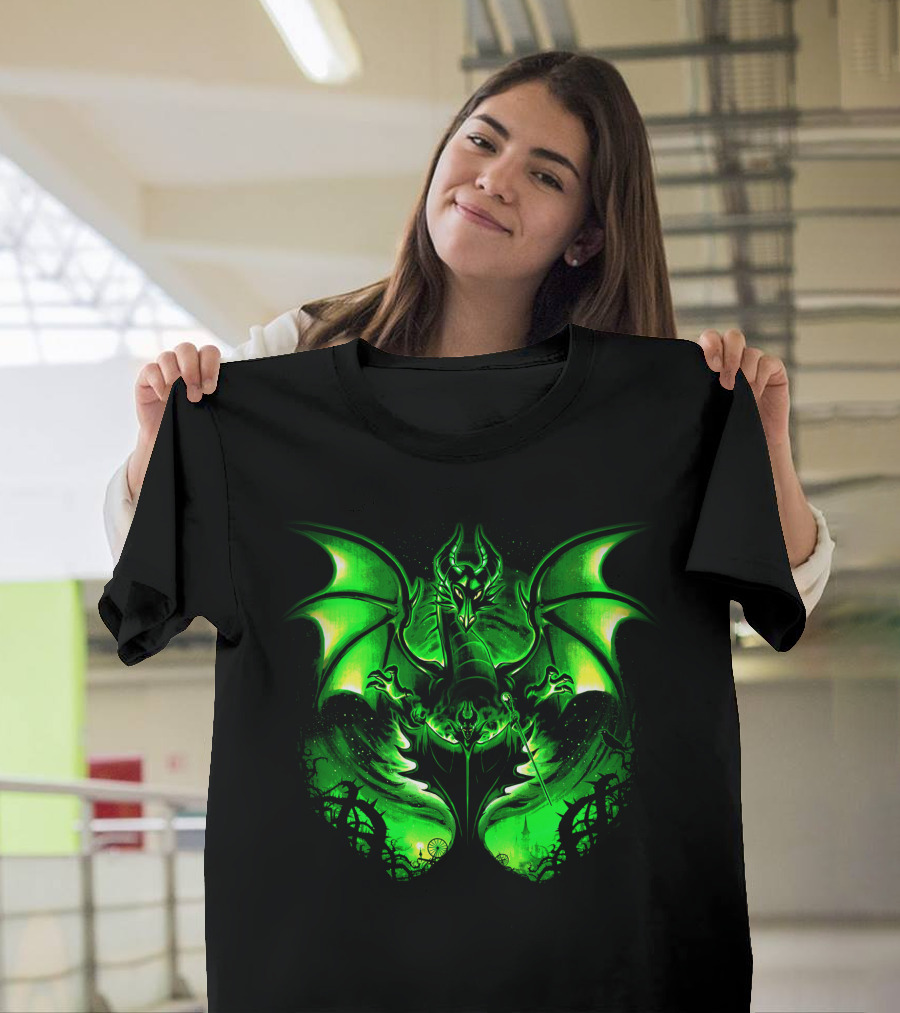 Maleficent 2 Dark Green Dragon Art Fantastical Scene Ravens Winding Thorns T-Shirt