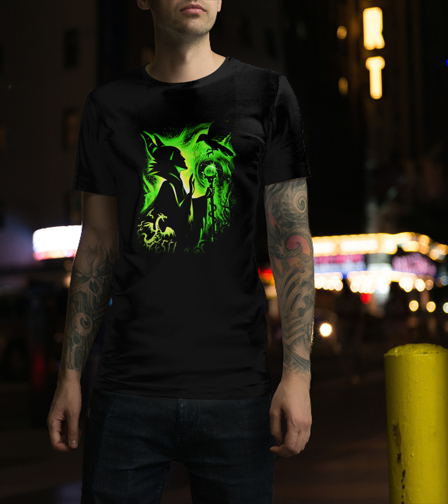Maleficent 3 Dragon Silhouette And Green Magic Staff Scene T-Shirt