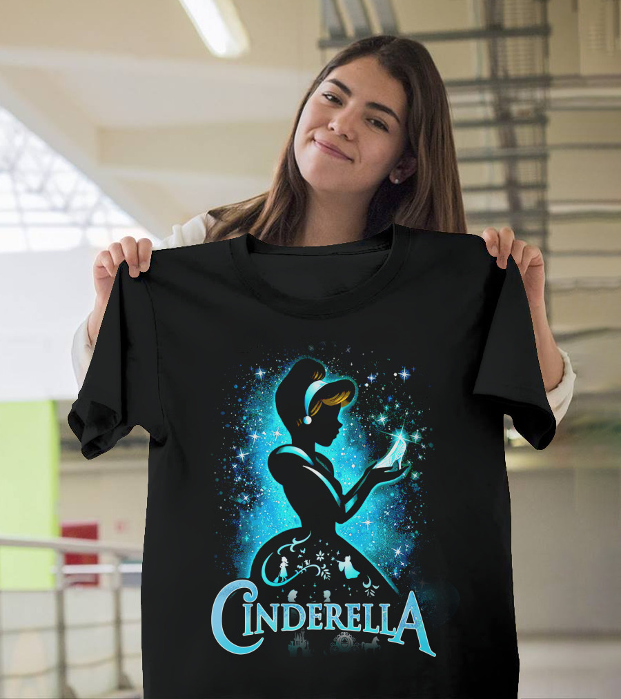 Cinderella Silhouette Holding Glass Slipper With Enchanted Blue Starry T-Shirt