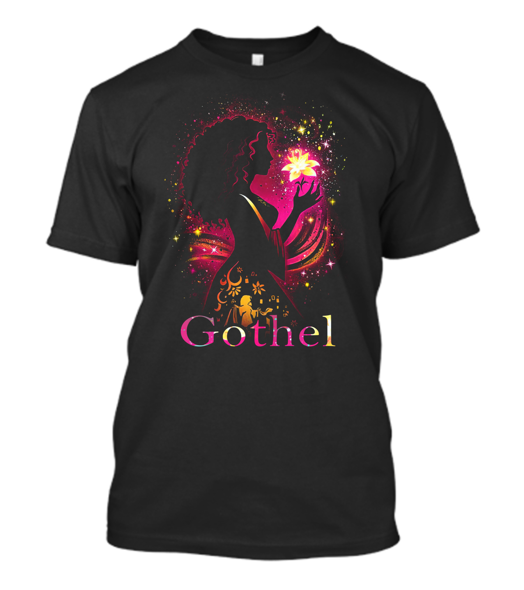 Gothel Silhouette With Glowing Flower And Cosmic Background T-Shirt