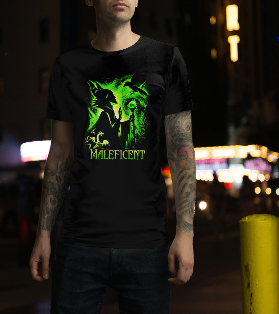 Maleficent Green Silhouette With Dragon Raven And Staff T-Shirt
