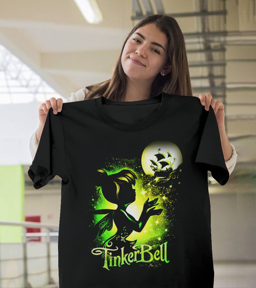 Tinker Bell Silhouette With Ship And Crescent Moon Magic Glow T-Shirt