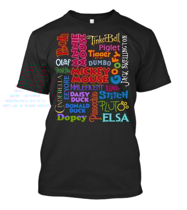 Disney Characters Names Tinker Bell Pooh Olaf Mickey Mouse Cinderella Goofy Elsa Jack Skellington T-Shirt