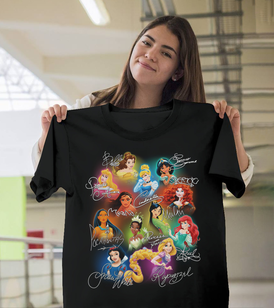 Belle Aurora Moana Pocahontas Snow White Jasmine Rapunzel Cinderella Tiana Mulan Ariel Merida T-Shirt