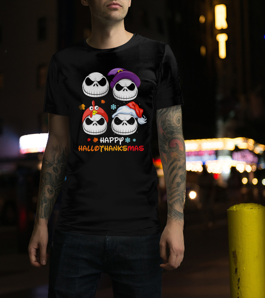 Happy Hallothanksmas Skeleton Faces With Witch Turkey Santa Hats T-Shirt
