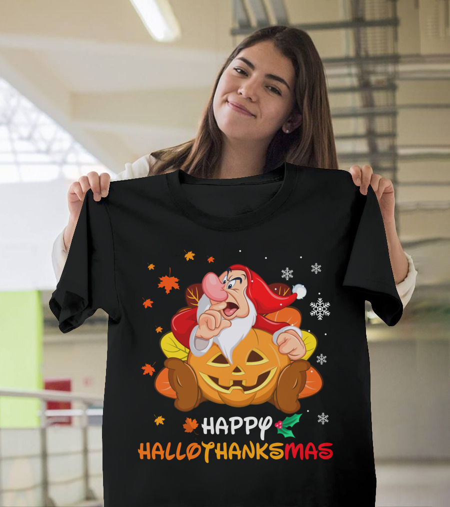 Happy Hallothanksmas Santa Dwarf With Pumpkin And Leaves T-Shirt