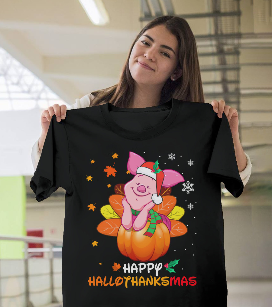 Happy Hallothanksmas Piglet In Pumpkin With Santa Hat And Scarf T-Shirt