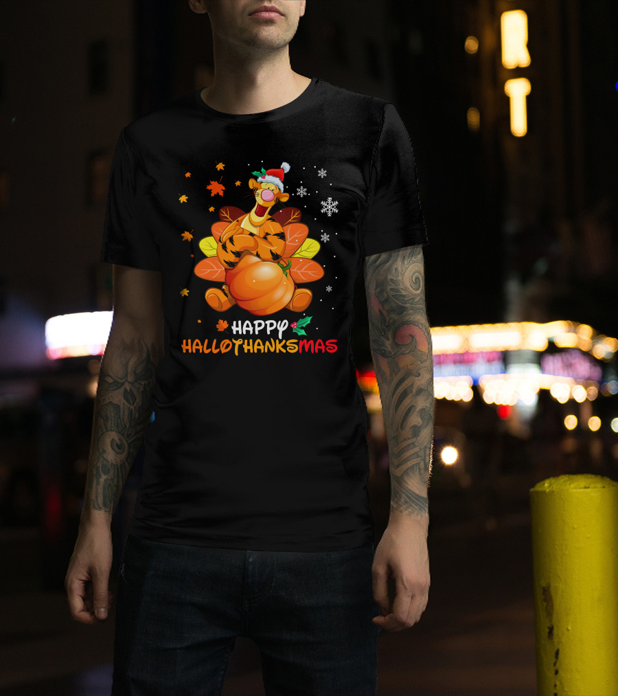 Happy Hallothanksmas Tg Tiger With Pumpkin Santa Hat And Turkey Feathers Snowflakes And Autumn Leaves T-Shirt