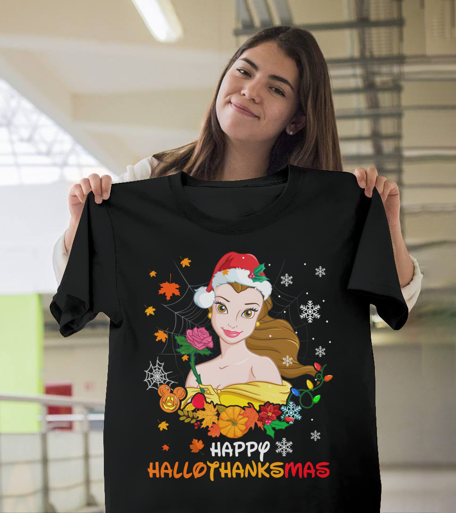 Happy Hallothanksmas - Belle In Santa Hat With Spider Webs Pumpkins And Lights T-Shirt