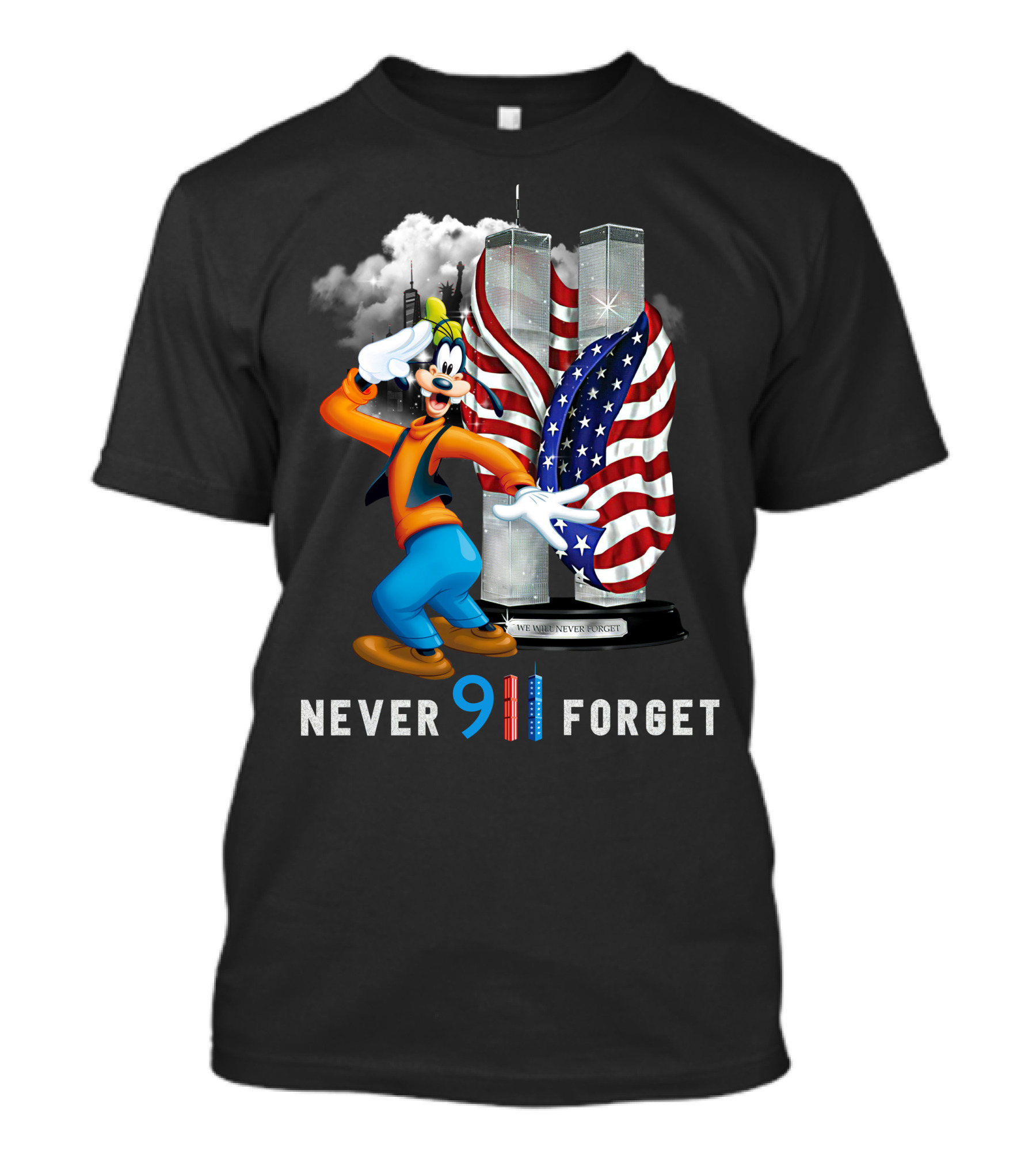 Goofy Never 911 Forget Twin Towers American Flag T-Shirt