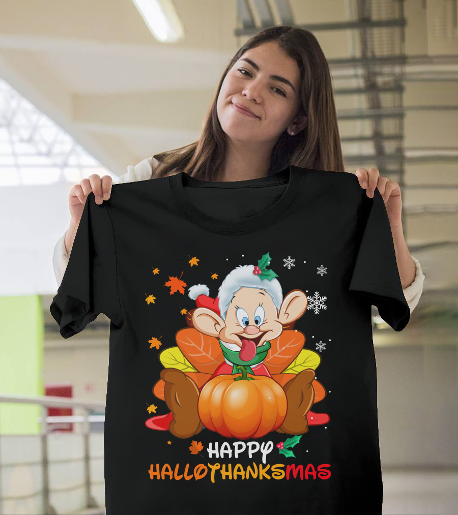 Happy Hallothanksmas Dopey Pumpkin Leaves Snowflakes T-Shirt