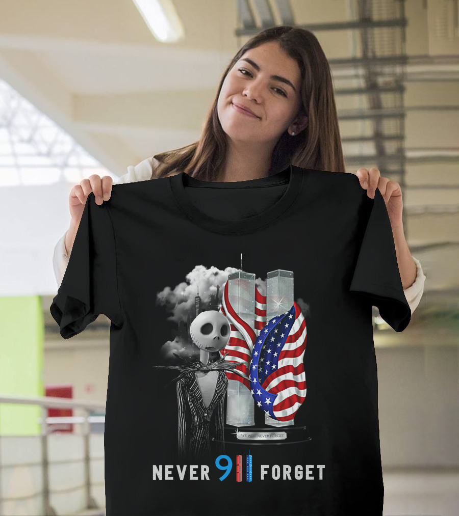 Jack Skellington 9/11 Never Forget Twin Towers American Flag T-Shirt