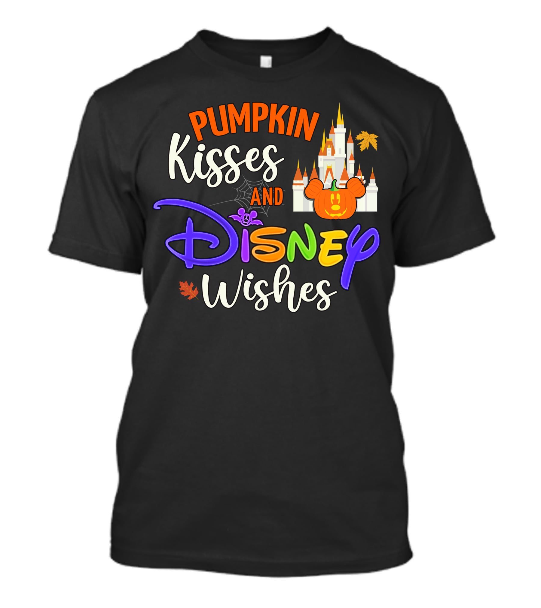 Pumpkin Kisses And Disney Wishes Castle Halloween Leaves T-Shirt