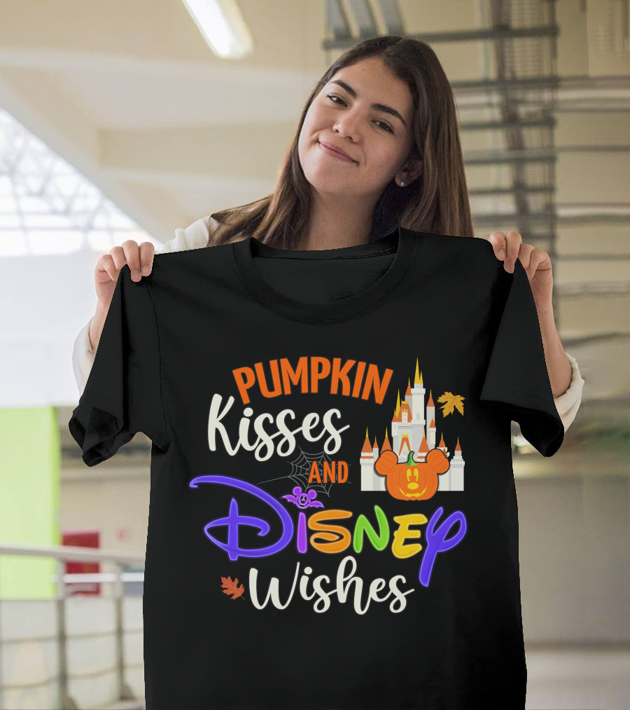 Pumpkin Kisses And Disney Wishes Castle Halloween Leaves T-Shirt