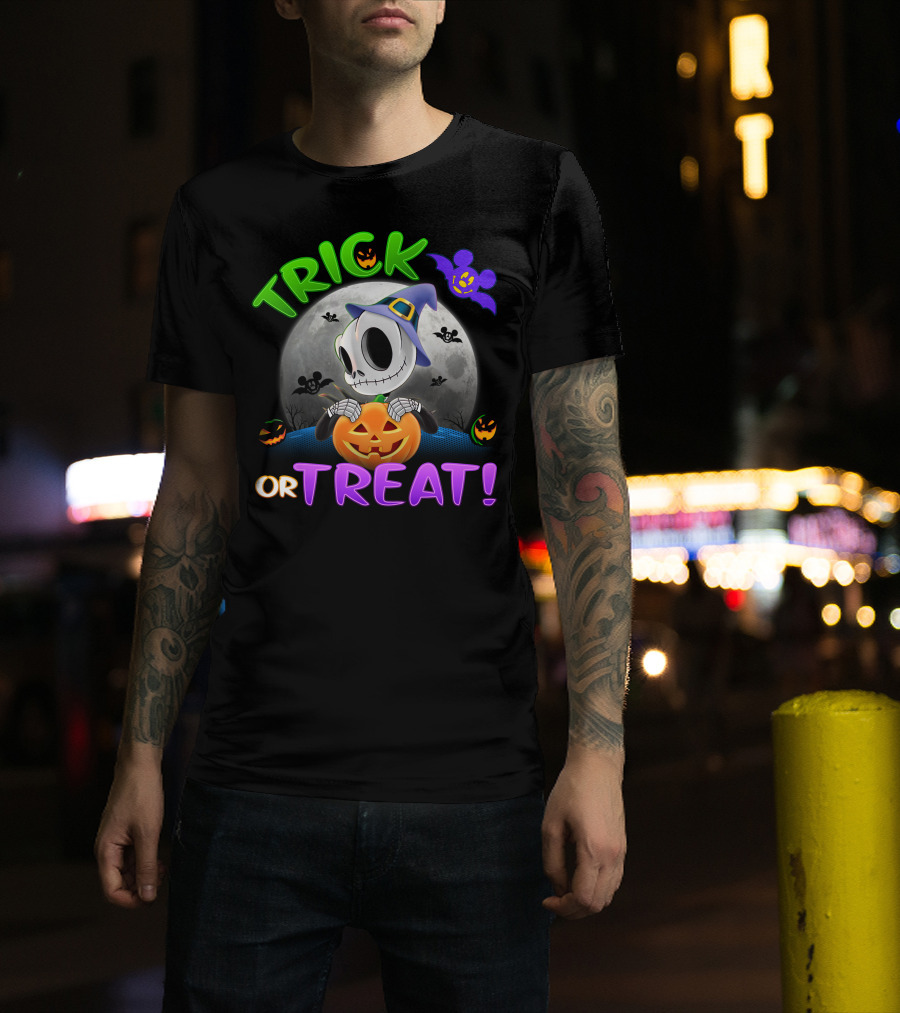 Trick Or Treat Jack Skellington In Halloween Moon With Pumpkins And Purple Bat T-Shirt