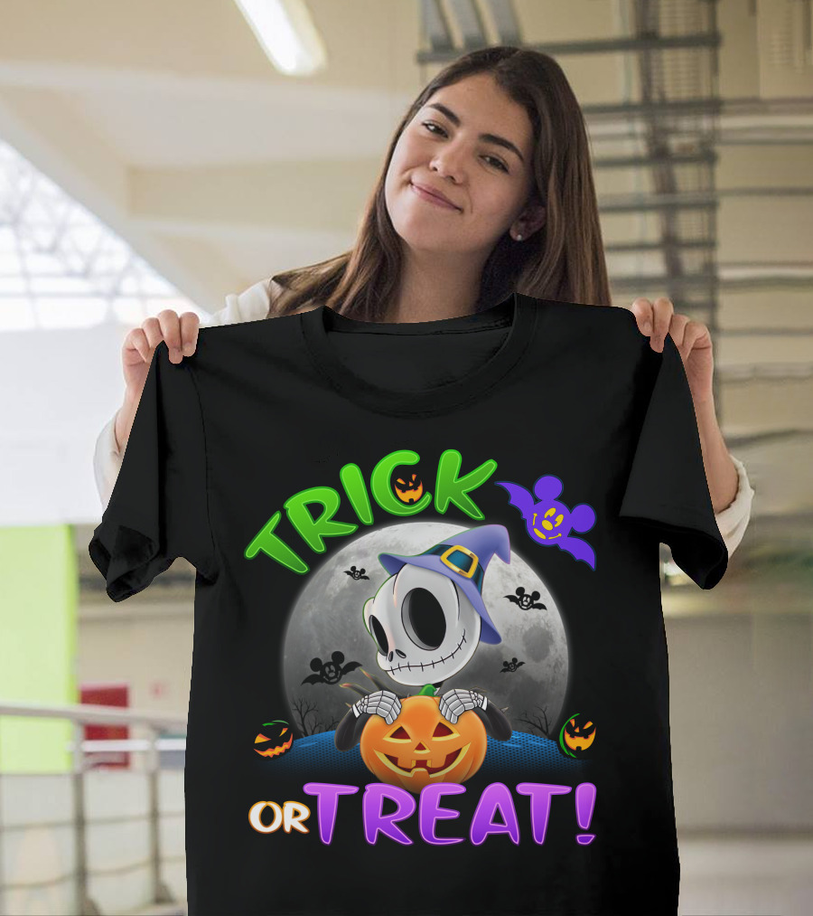 Trick Or Treat Jack Skellington Halloween Moon Bat Pumpkin T-Shirt
