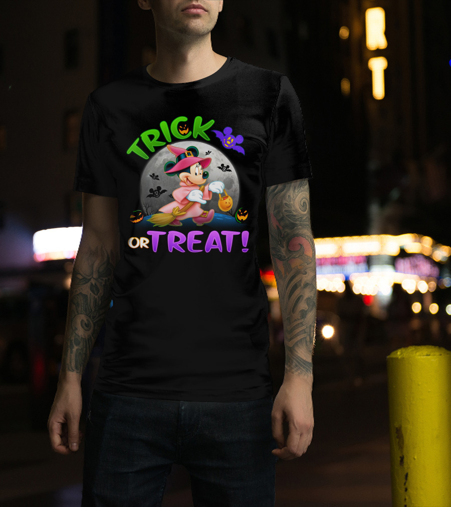 Trick Or Treat Minnie Halloween Witch Costume Broom Moon Bats Pumpkins T-Shirt