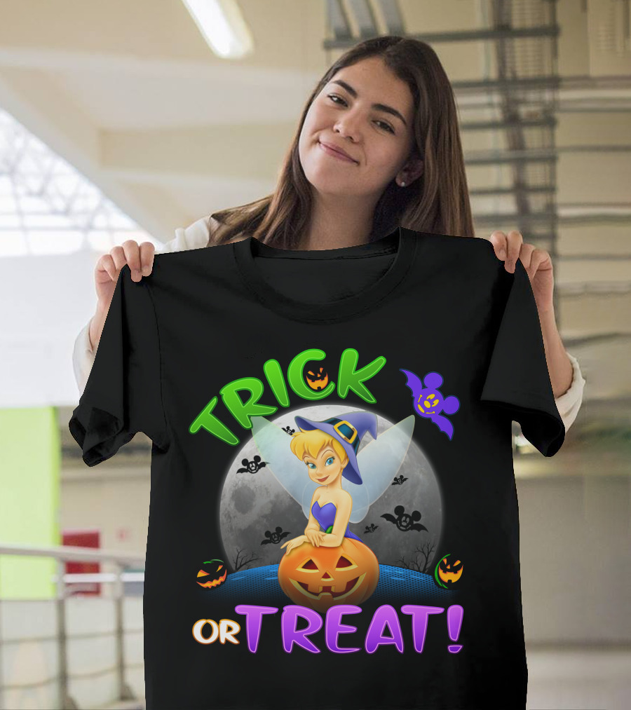 Trick Or Treat Tinker Bell Halloween Jack-O'-Lantern Moon Bat Mickey Ears T-Shirt