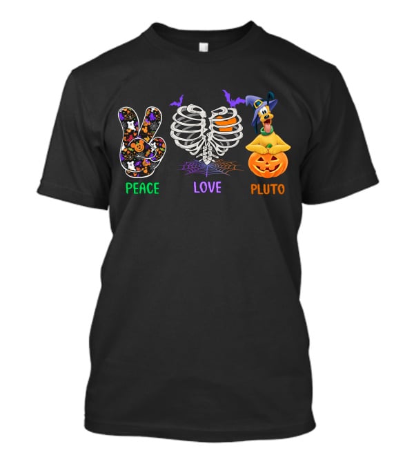 Peace Love Pluto Halloween Pumpkin And Skeleton Rib Cage With Bat Accents T-Shirt