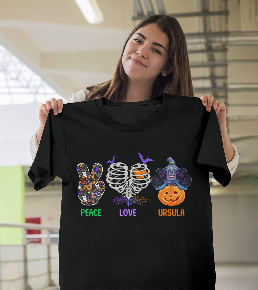 Peace Love Ursula Halloween Pumpkin Bat Skeleton T-Shirt