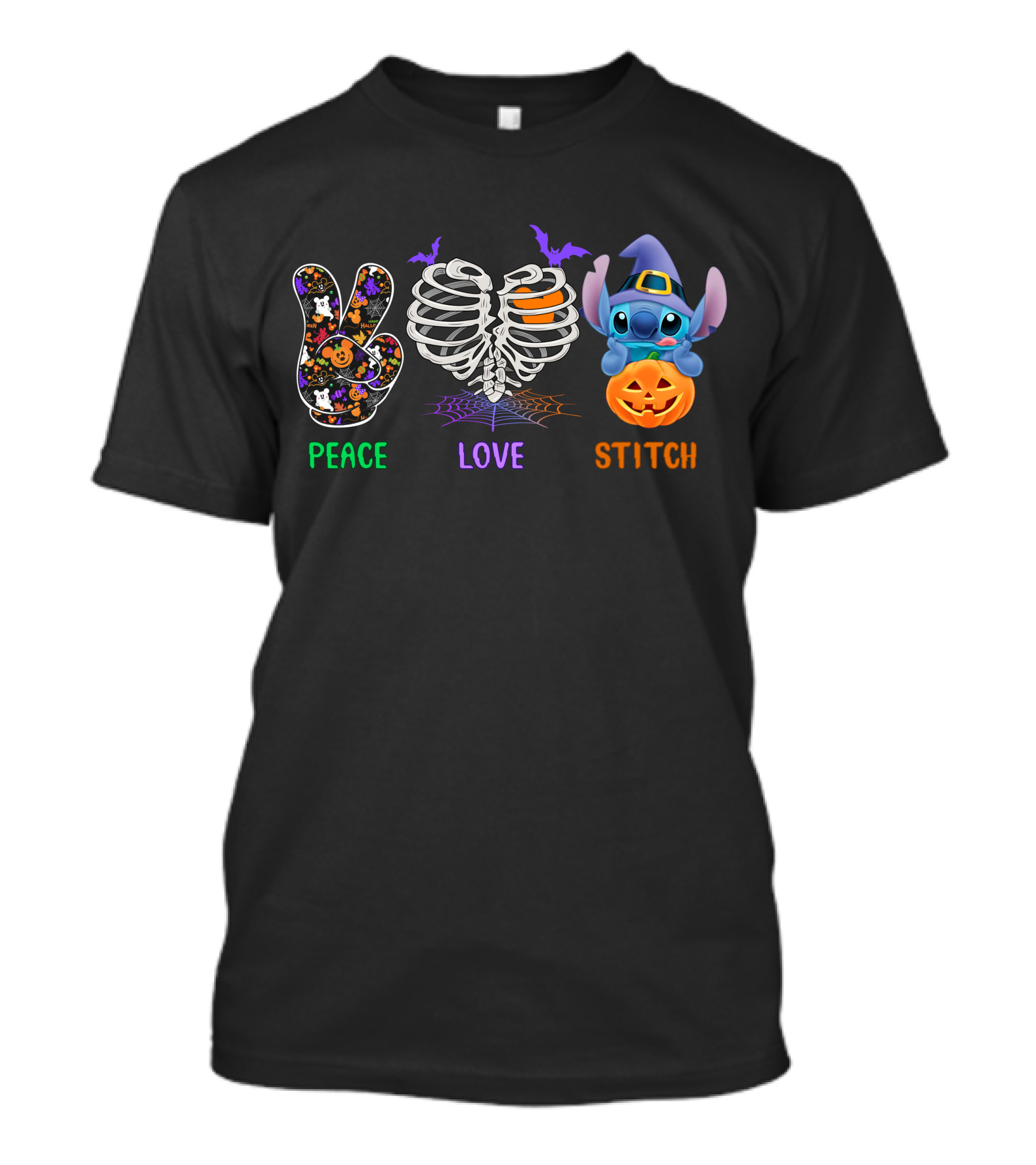 Peace Love Stitch Halloween Pumpkin Skeleton Bat T-Shirt