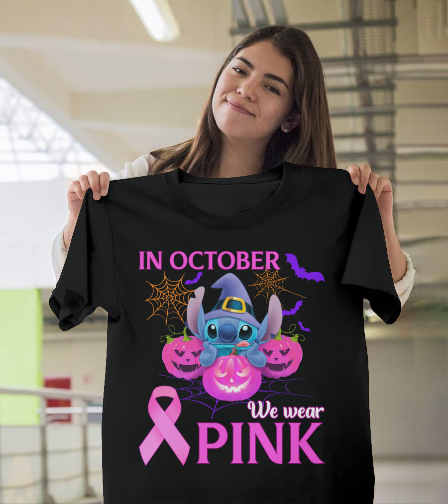 In October We Wear Pink Stitch Halloween Breast Cancer Awareness T-Shirt