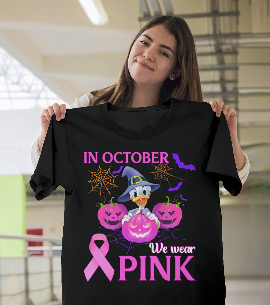In October We Wear Pink Daisy D Breast Cancer Awareness Halloween Theme T-Shirt