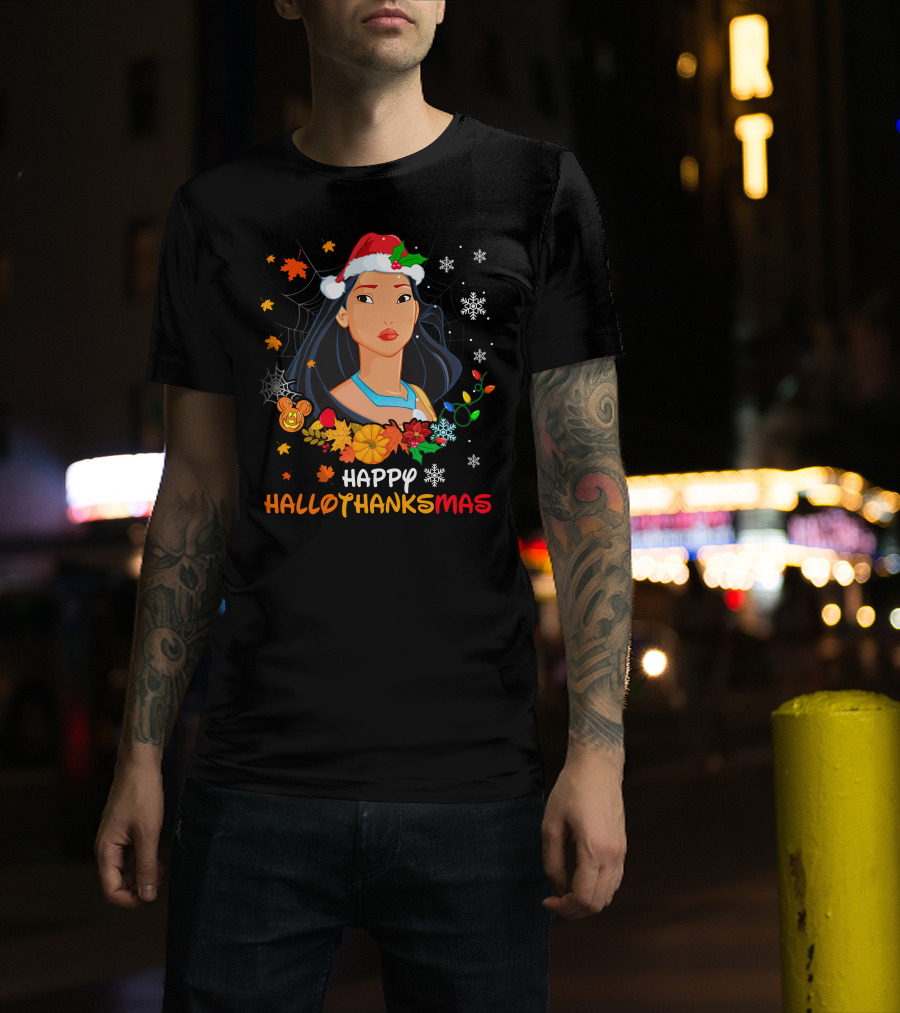 Happy Hallowthanksmas Pocahontas Santa Hat Thanksgiving Christmas Halloween T-Shirt