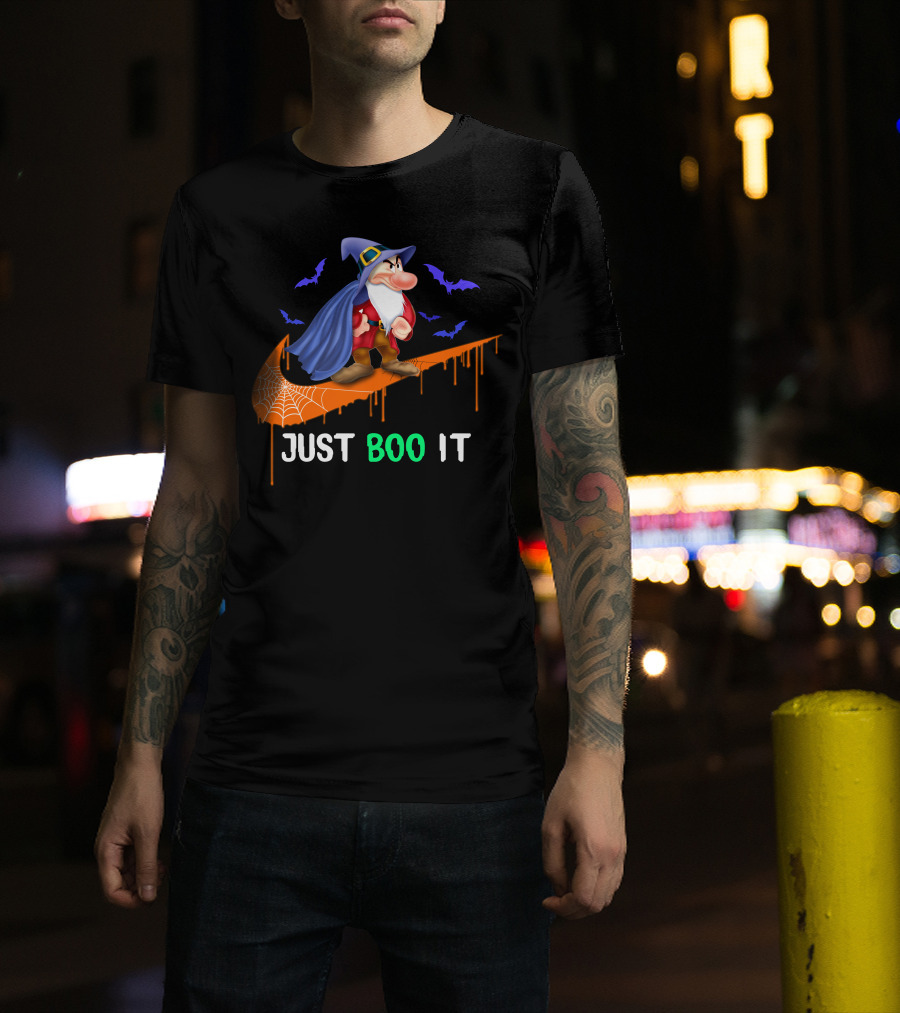 Just Boo It Witch Hat Grumpy With Purple Bats And Orange Swoosh T-Shirt