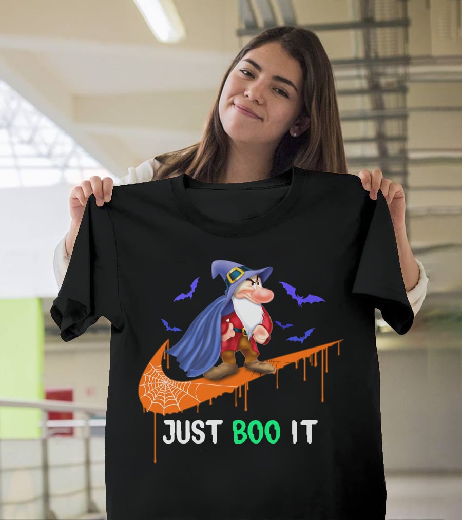 Just Boo It Witch Hat Grumpy With Purple Bats And Orange Swoosh T-Shirt