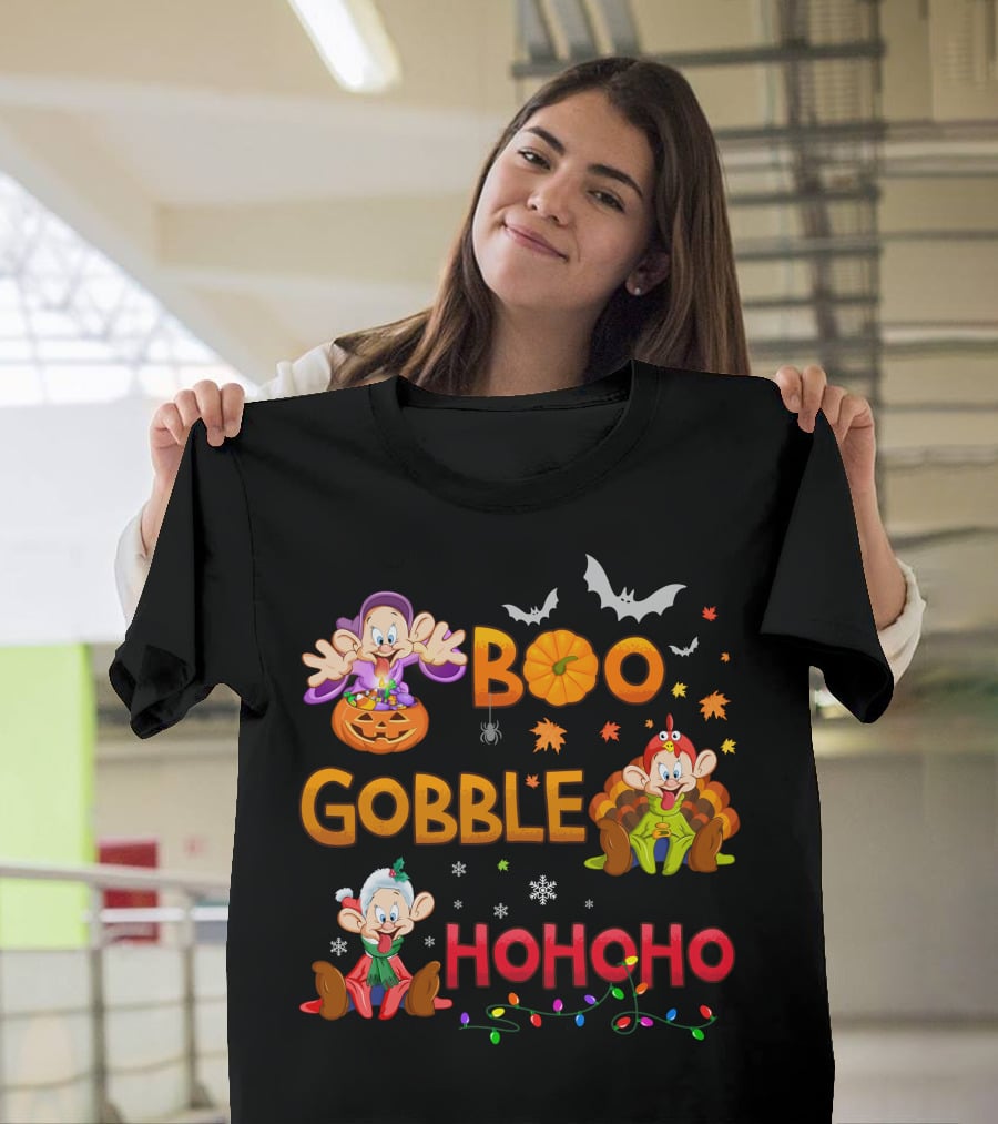 Boo Gobble Hohoho Dopey Halloween Thanksgiving Christmas T-Shirt